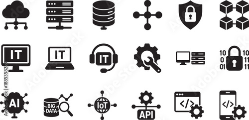 Information technology icon set with modern digital and network symbols in clean outline vector style.