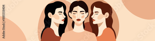 Vector banner with a place for text, three different women in profile with their eyes closed on a soft beige background with abstract shapes. Unity, solidarity, gender equality, diversity, empowerment