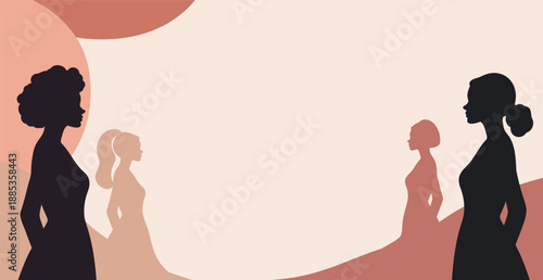 Vector banner with a place for text, female silhouettes symbol diversity, equality, women's empowerment. For women's health projects, self-help, mindfulness, postcards for Women's Day, March 8th