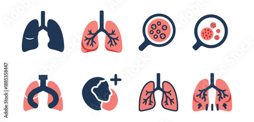 Medical illustrations of lungs and disease icons health and biology