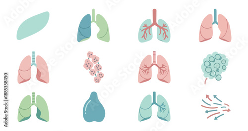 Medical illustrations of lungs depicting various states on black background