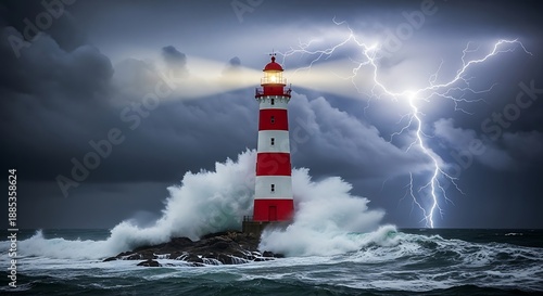 A striking lighthouse stands resilient against a raging storm and powerful waves