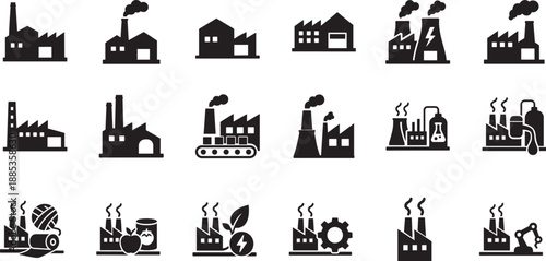 Modern factory icon set with industrial buildings and production symbols in clean outline vector style.