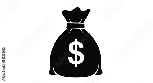 Simple black and white illustration of a bag with a dollar sign on it