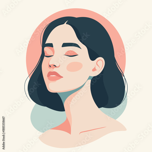 Vector abstract portrait of a woman with her eyes closed, neutral face. Soft pastel background. Perfect for profiles, avatars, beauty topics, social media, postcards for Women's Day, March 8th