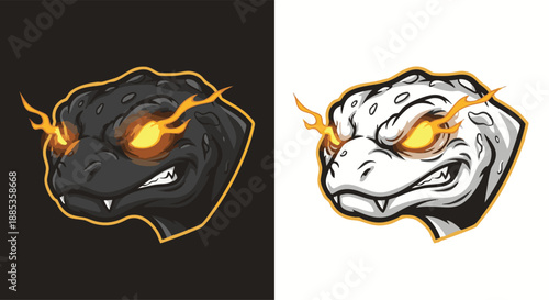Fierce lizard or reptile head logo with glowing fiery eyes in two versions, dark and light, suitable for esports or gaming mascots.