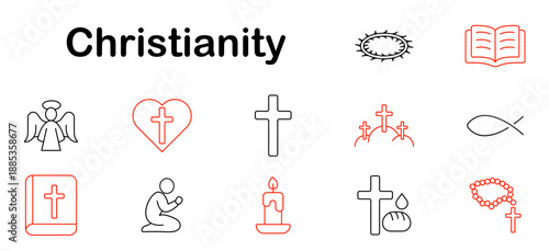 Christianity set icon. Cross, Bible, candle, angel, prayer, rosary, crucifixion, crown, fish, communion, heart, church, hill, believer, spirituality, symbol.
