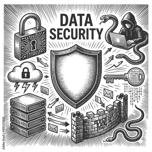data security symbols including a hacker, digital lock, firewall, shield, binary code, and cyber threats sketch engraving generative ai vector illustration. Scratch board imitation. Black and white.