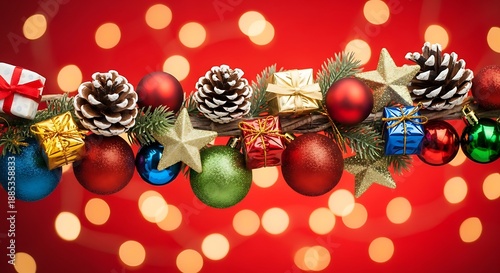 Festive red background adorned with christmas ornaments pinecones and twinkling lights high quality