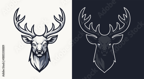Two stylized deer head logos, one white on light background and one dark on dark background, both featuring antlers in an aggressive mascot design style.