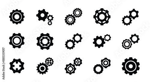 An arrangement of black gear icons and cogs in varying sizes and configurations
