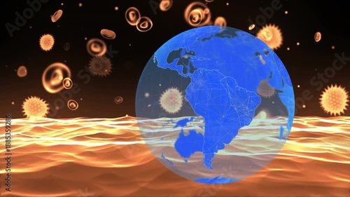 Animation of covid-19 cells floating over spinning globe against orange digital wave