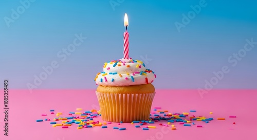 A single frosted cupcake with a lit candle sprinkles and a pink