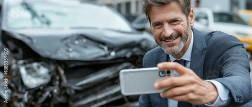 An insurance representative uses a smartphone to take photos of the car's damage following an accident.