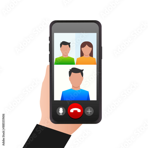 Group Video Call on Smartphone Screen, Online Meeting and Communication Concept, Flat Vector Illustration