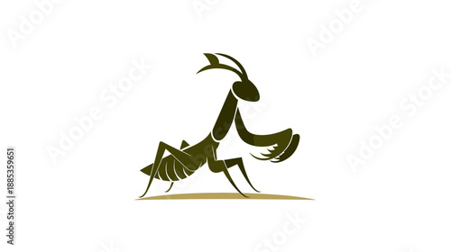 A stylized illustration of a praying mantis, with olive-green body, on a tan ground and white background