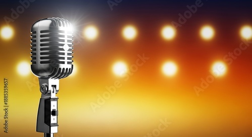 Vintage microphone shines brightly on a stage with blurred lights behind high quality