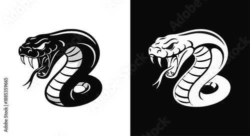 Two stylized cobra snake heads, one black on white and one white on black, with bared fangs and aggressive expressions.
