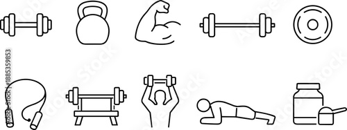 Set of black line icons representing fitness and physical activity including weightlifting, running, basketball, yoga, cycling, crunches, jumping rope, swimming, boxing, and stretching. Minimalist out