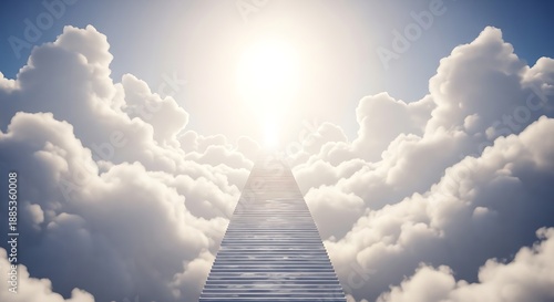 a wooden pathway extends into bright light amidst fluffy white clouds high quality