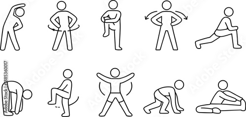 Set of black line icons representing fitness and physical activity including weightlifting, running, basketball, yoga, cycling, crunches, jumping rope, swimming, boxing, and stretching. Minimalist out