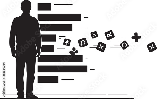 A silhouette of a person with data bars and abstract symbols flowing outwards, representing personal information, digital footprint, and online activity.