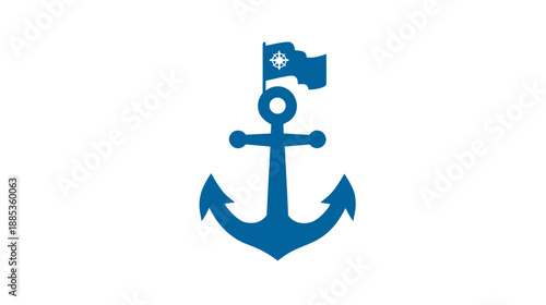 Blue nautical emblem featuring an anchor topped with a flag bearing a white compass rose on a white background