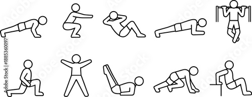 Set of black line icons representing fitness and physical activity including weightlifting, running, basketball, yoga, cycling, crunches, jumping rope, swimming, boxing, and stretching. Minimalist out