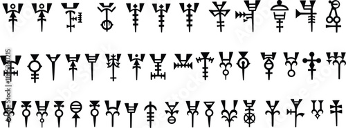 Collection of ancient sumerian cuneiform symbols and hieroglyphs on white background
