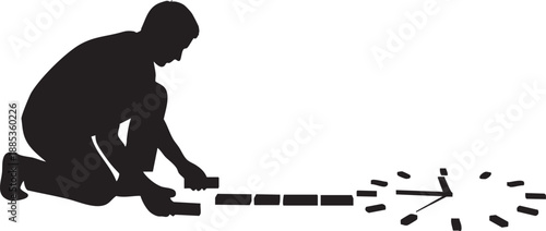 A silhouette of a person crouching, carefully arranging a line of rectangular blocks that lead towards a clock face, symbolizing time management or the progression of time.
