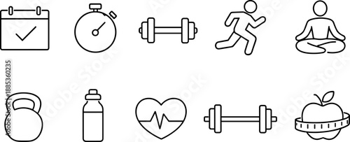 Set of black line icons representing fitness and physical activity including weightlifting, running, basketball, yoga, cycling, crunches, jumping rope, swimming, boxing, and stretching. Minimalist out