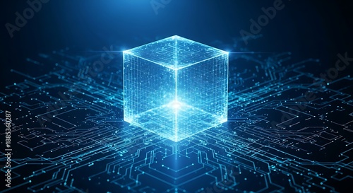 A glowing blue cube amidst a complex network of digital circuitry high quality