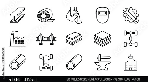 Steel icons collection for industrial and manufacturing concepts in linear style vector illustration
