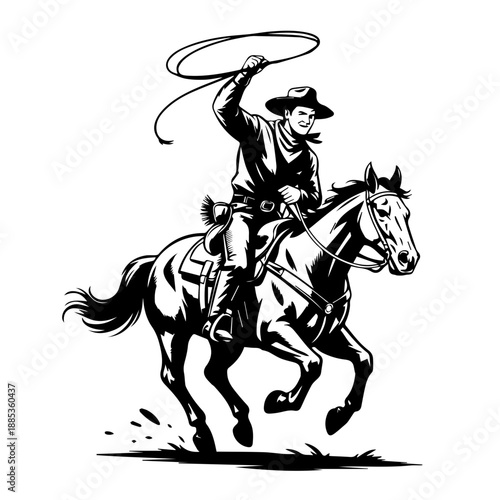 Bold Black Retro Inspired Western Illustration of Full Cowboy in Action Riding a Galloping Horse Vector