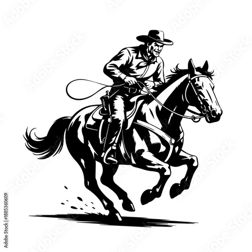 Bold Black Retro Inspired Western Illustration of Full Cowboy in Action Riding a Galloping Horse Vector