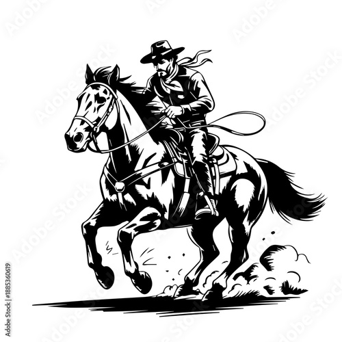 Bold Black Retro Inspired Western Illustration of Full Cowboy in Action Riding a Galloping Horse Vector