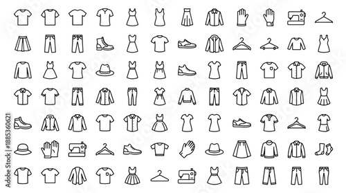 Collection of various clothing and fashion items icons in simple line style on white background