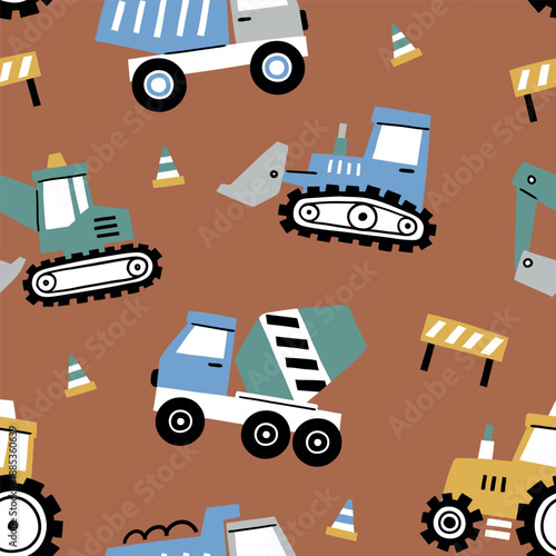 Wallpaper Mural Seamless vector pattern cute construction trucks. Hand drawn design for baby boys with tiny cars. Perfect for textile, wallpaper or nursery print design. Torontodigital.ca