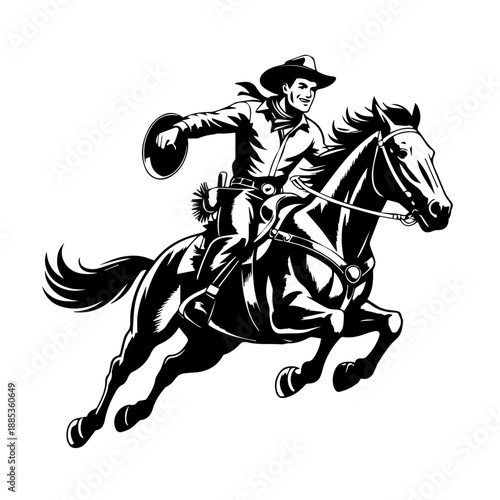 Bold Black Retro Inspired Western Illustration of Full Cowboy in Action Riding a Galloping Horse Vector