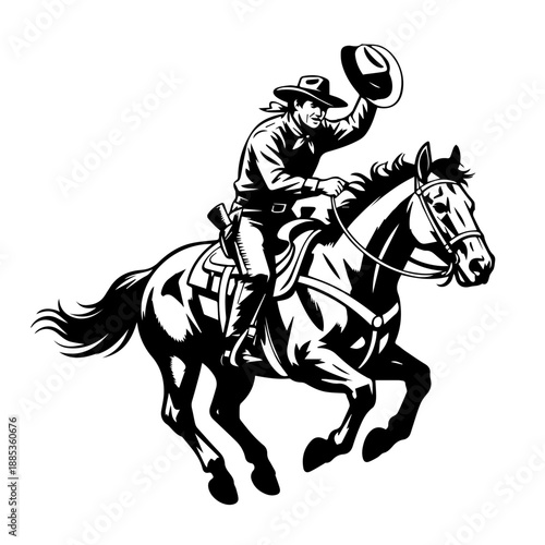 Bold Black Retro Inspired Western Illustration of Full Cowboy in Action Riding a Galloping Horse Vector