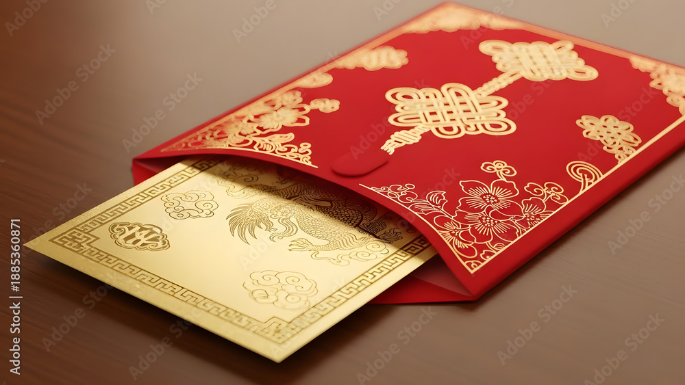 Fototapeta premium Red Envelope with Gold Ornament and Money.