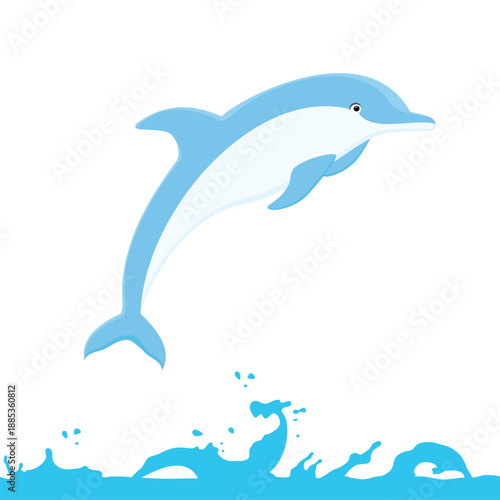 Cute cartoon dolphin jumping out of the water, sea or ocean