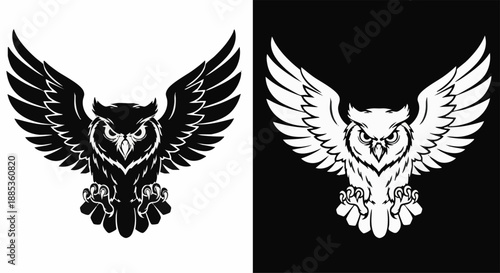 Two stylized owl illustrations, one black on white and one white on black, with spread wings in a powerful, majestic stance.