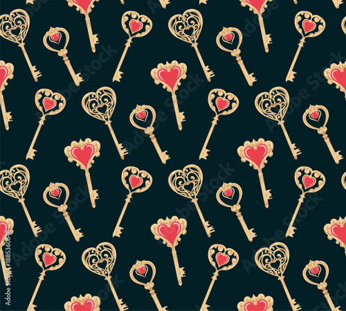 Vector seamless pattern with forged golden keys with hearts. Valentine Day texture with gothic metal keys on dark background