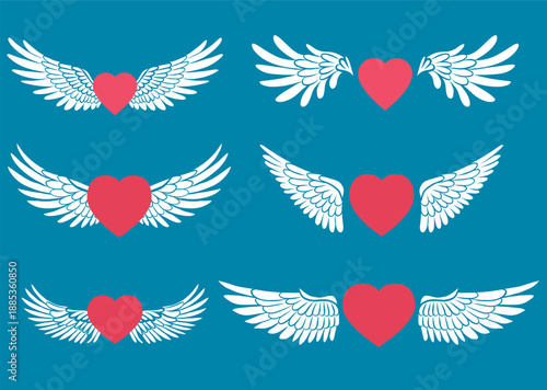 Vector set of hearts with angel wings. Festive collection of love symbol clip art