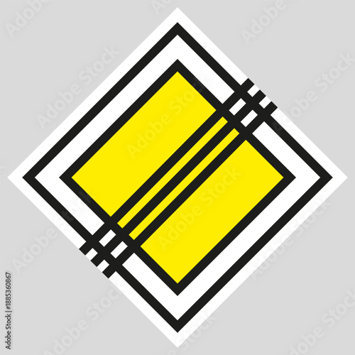 Road sign indicating the end of a main road: yellow diamond with black border. Suitable for use in road diagrams.
