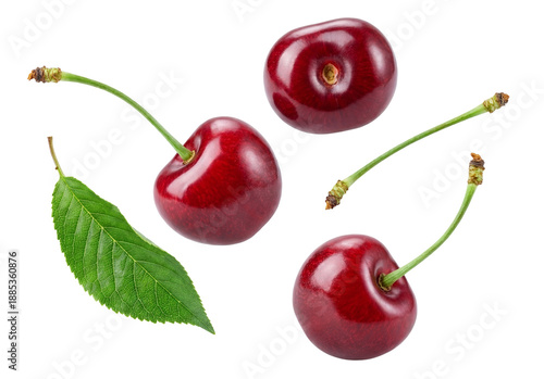 Fotografía ripe, glossy cherries with a fresh green leaf and detached stems, isolated on a transparent background, presented as a beautiful fruit composition