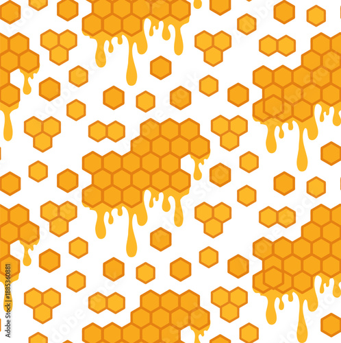 Vector seamless pattern with honeycombs and honey on white background. Cartoon texture with hexagon and honey drops