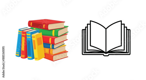 A colorful stack of books alongside an open book outline illustration