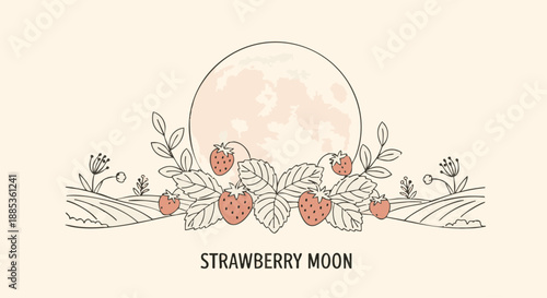 Minimalist line art illustration of a full Strawberry Moon rising over fields with strawberry plants and berries.